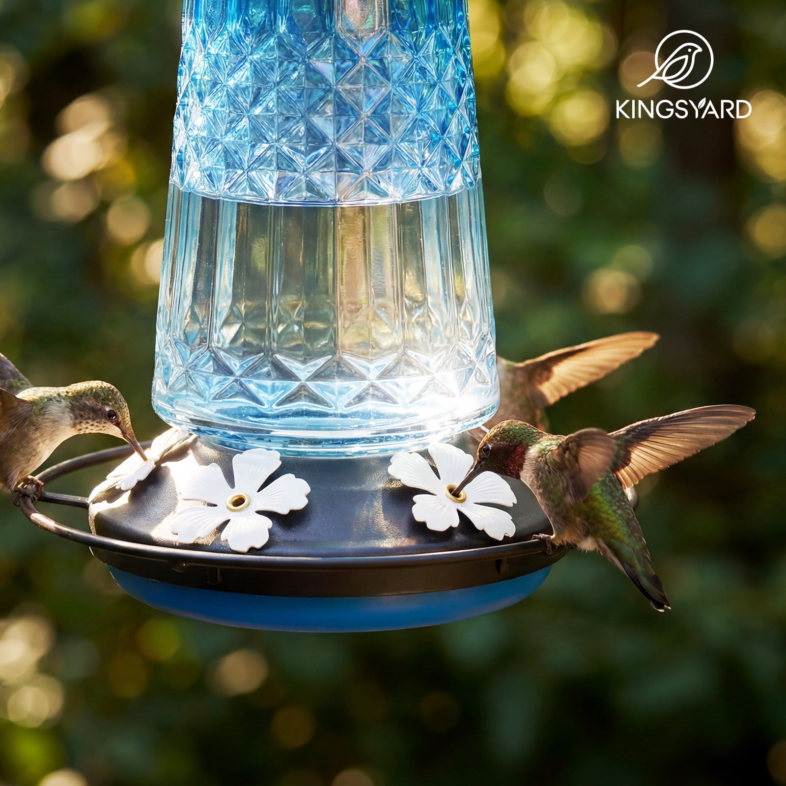 Kingsyard 18.6 oz Blue Glass Hummingbird Feeder, 5 White Ports, Ant Moat Included