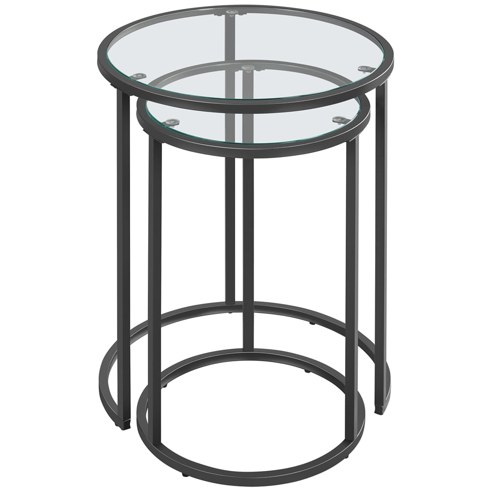 Topeakmart 2-Piece Round Nesting End Table Set with Metal Frame and Glass Top, Black