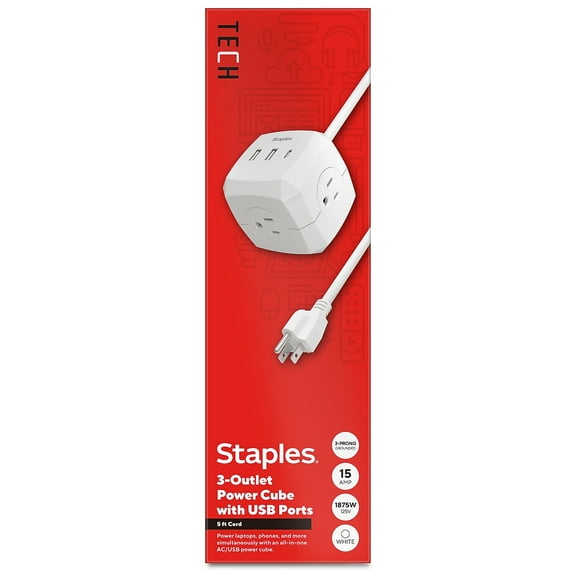 Staples TECH 5' Extension Cord 3-Outlet 14 AWG White (ST62348)