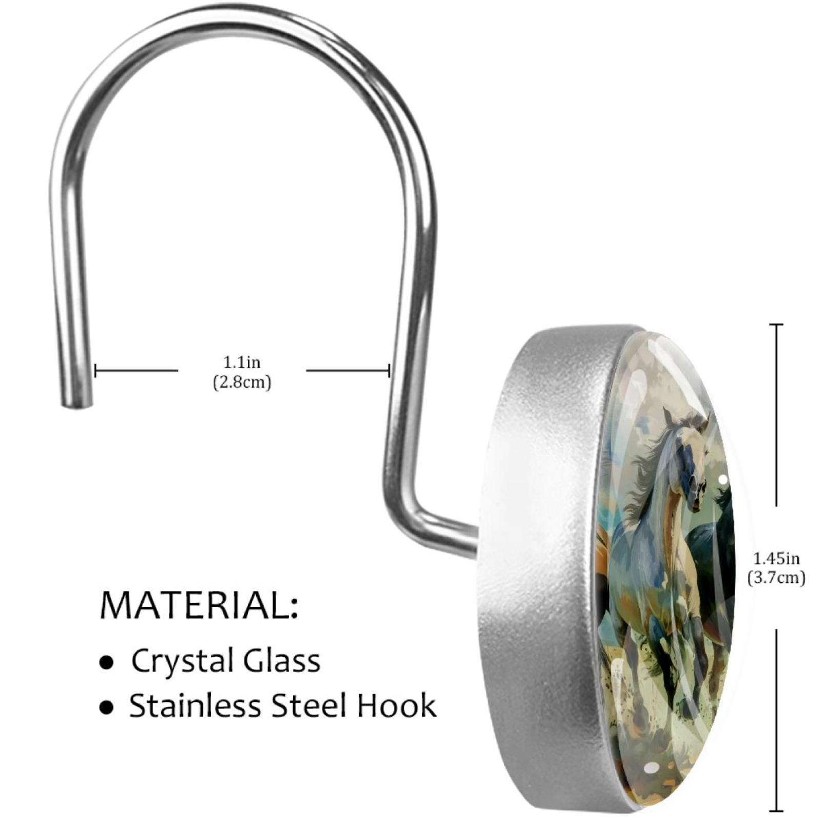 Three Running Horses Shower Curtain Hooks Round Crystal Glass, Set of 12 Shower Curtain Rings - Shower Hooks for Curtain Shower Rings