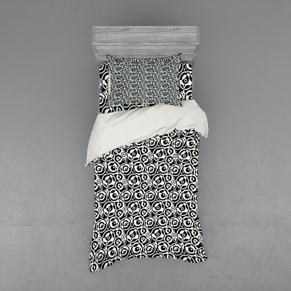 Black and White Duvet Cover Set, Circular Pattern Monochrome Dots with Bullseye Design Abstract Modern Art, Bedding Set with Shams and Fitted Sheet, 3 Sizes, by Ambesonne