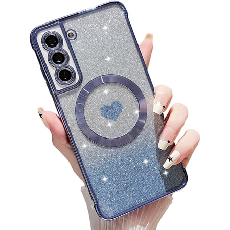 for Samsung Galaxy S22 Case Magnetic Phone Cases [Compatible with Magsafe] Soft Luxury Gradient Glitter Cute Heart Plating Bling Shockproof Cover for Women Girls-Blue