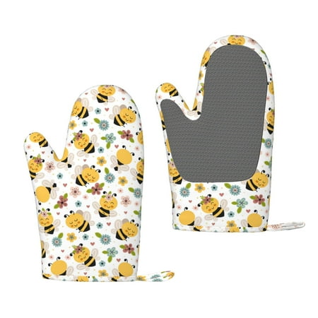 

Junzan Bee and Flowers for Oven Mitts 2 Piece Set BBQ Gloves Grilling Gloves Heat Resistant Oven Gloves Kitchen Silicone Oven Mitts for Barbecue/Cooking/Baking