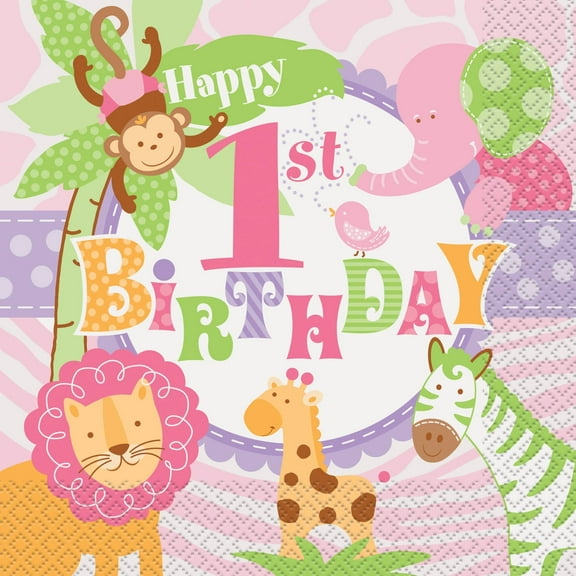 Pink Safari 1st Birthday Luncheon Napkins, 20ct