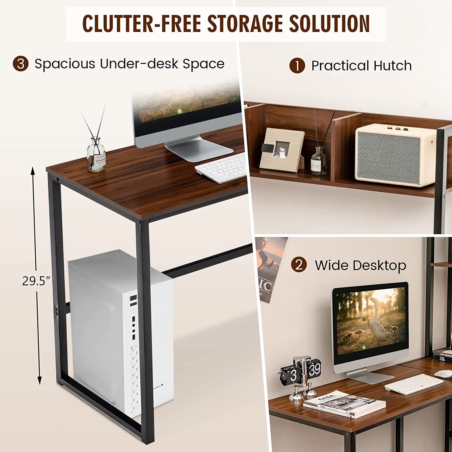Neatifyes Reversible L-Shaped Desk with Hutch, Space Saving Corner Computer Desk with Storage Shelves, Home Office Study Writing Desk Computer Workstation with Storage Bookshelf, Gaming Desk