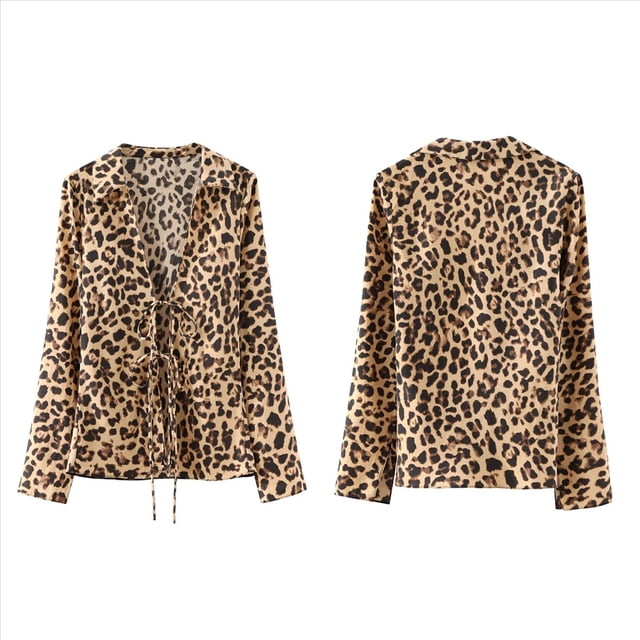Camisas de Satén con Lazo Frontal para Mujer, Blusas de Seda con Escote en V Profundo para Discoteca, Blusa de Larga Y2K para Salir Leopardo XS