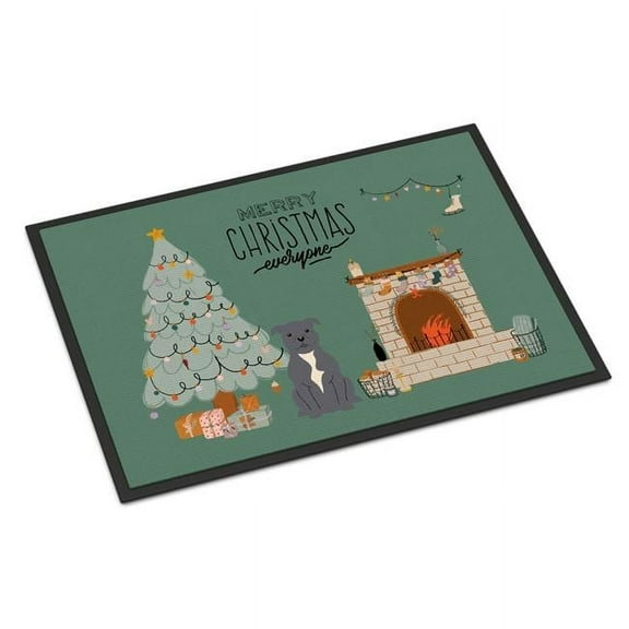 Carolines Treasures CK7609MAT 18 x 27 in. Blue Staffordshire Bull Terrier Christmas Everyone Indoor or Outdoor Mat