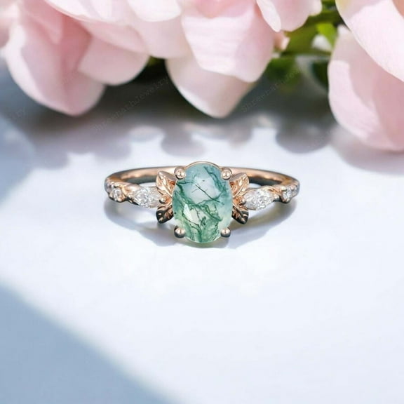 SHREENATHJEWELRY 8x6MM / 2CT Oval Cut Moss Agate Engagement Ring CZ Diamond Rose Gold Nature Inspired Jewelry Personalized Gift For Her
