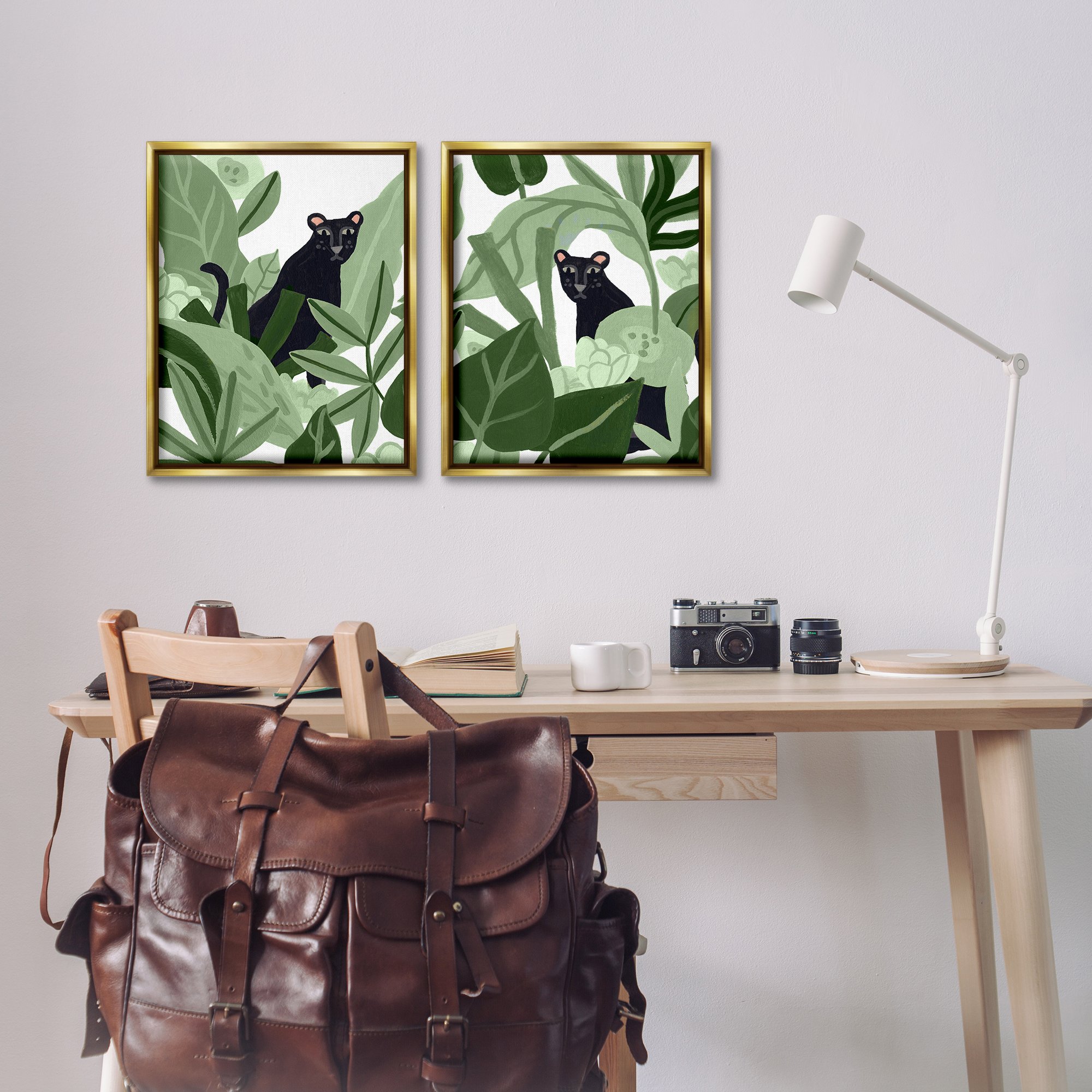 Stupell Industries Panthers Among Tropics Animals Painting Gold Floater Framed Canvas Art Print Wall Art, 17 x 21, Set of 2