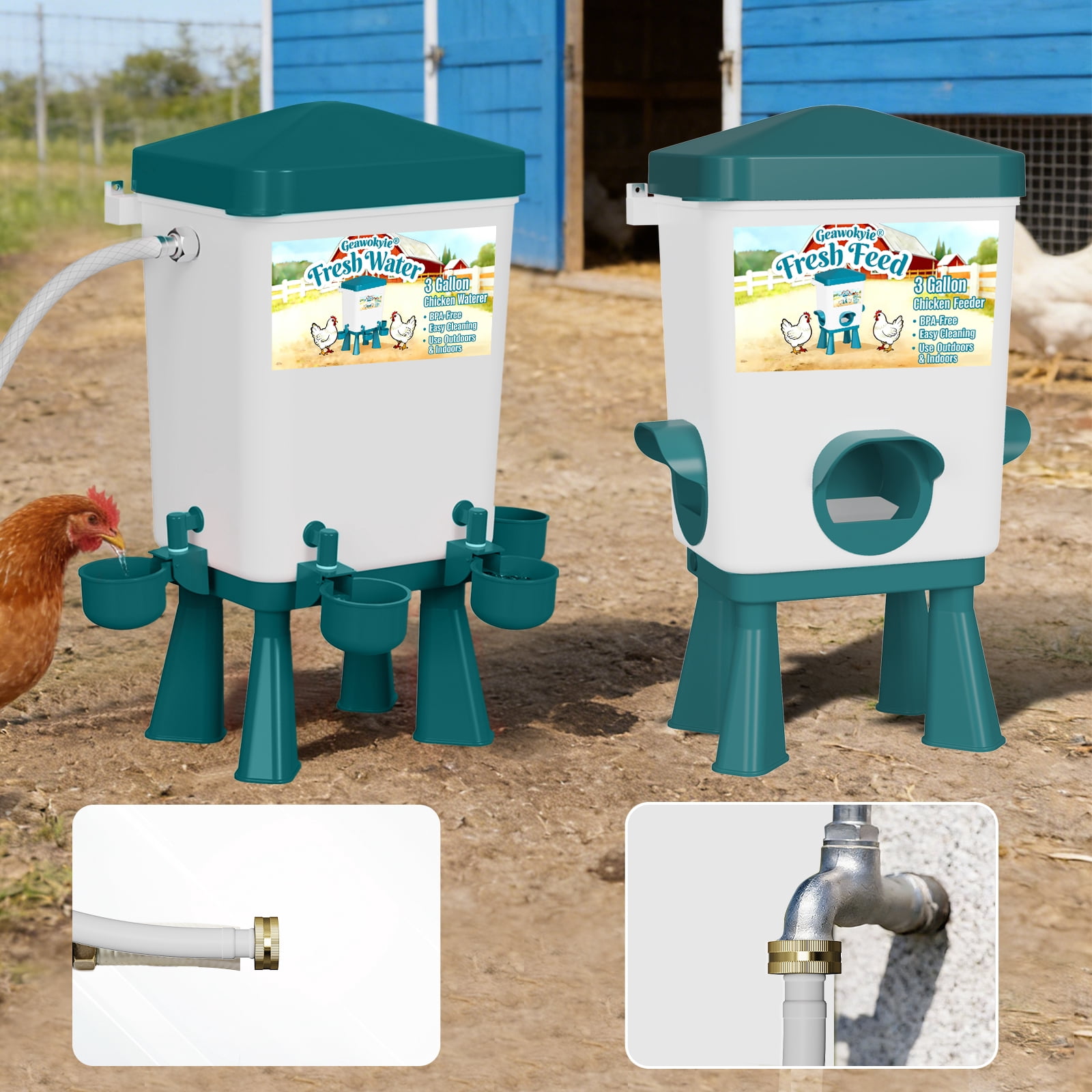 Chicken Feeder and Waterer Set - Automatic Float Valve Waterer with Built-in Filter,  Poultry Feeding & Watering Equipment for Chickens, Ducks, Geese, Chicken Coop Accessories(Blue))