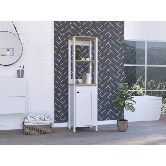 Oak And White Bathroom Cabinet - 4 Shelf Space With 2 Open Shelves 1 Door For Decor Essentials Stylish Linen Grey Particleboard Shelves, Interior