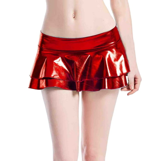 Women's Solid Shiny Metallic Wet Look Pleated Mini Skirts Low Rise Double Layer Flared A Line Dance Skater Skirt