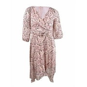 DKNY Women's Balloon Sleeve V-Neck Wrap Dress (8, Maroon/Black)