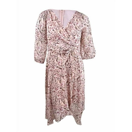 DKNY Women's Balloon Sleeve V-Neck Wrap Dress (8, Maroon/Black)