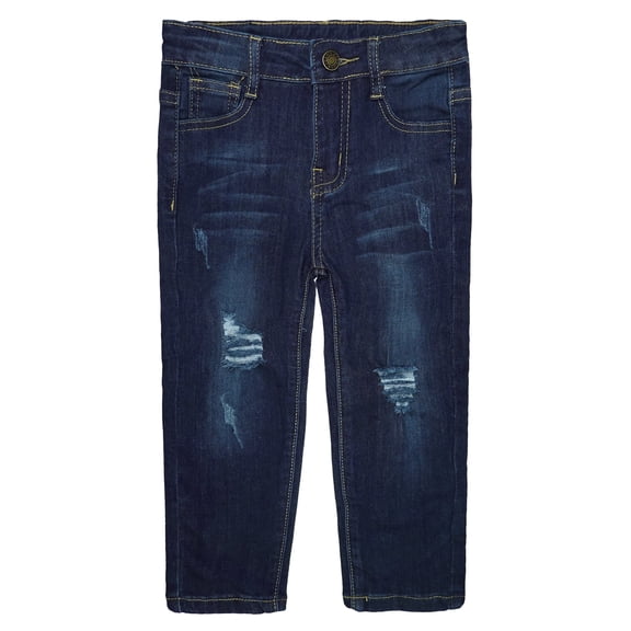 KIDSCOOL SPACE Little Girls Boys Jeans,Elastic Band Inside Ripped Straight Fit Stretchy Soft Denim Pants,Deep Blue,5-6 Years