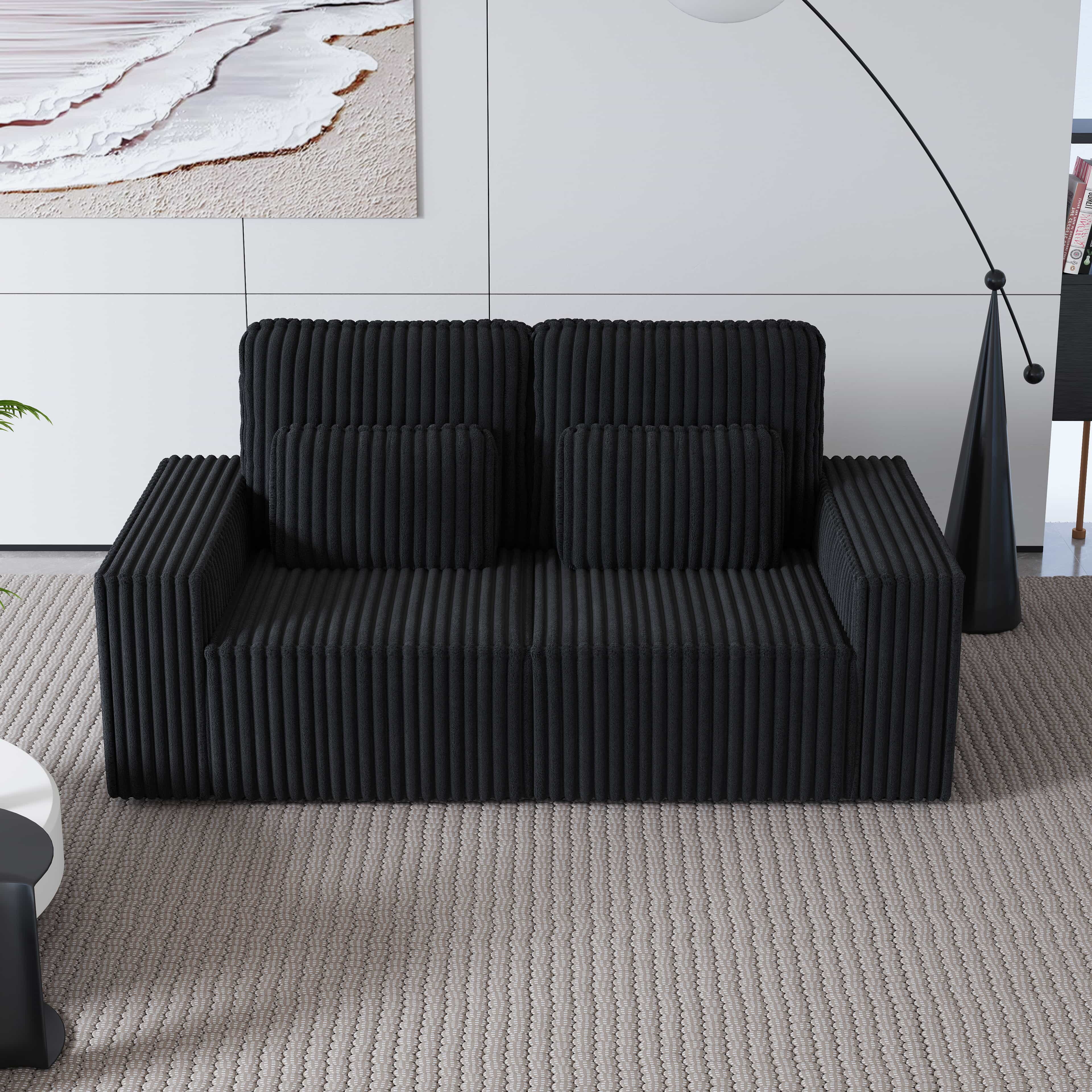 BSHTI Classic Corded Comfort Sofa with Pillows, Double-seater sofa, Corduroy Upholstery, removable back cushions, Easy to assemble, Black