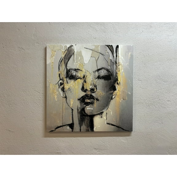 Contemporary Canvas Art, Trendy Artwork, Abstract Portrait Printed, Abstract Art, Woman Face Canvas Art, Gold Woman Printed Canvas, Canvas Wall Decor - Rolled Canvas