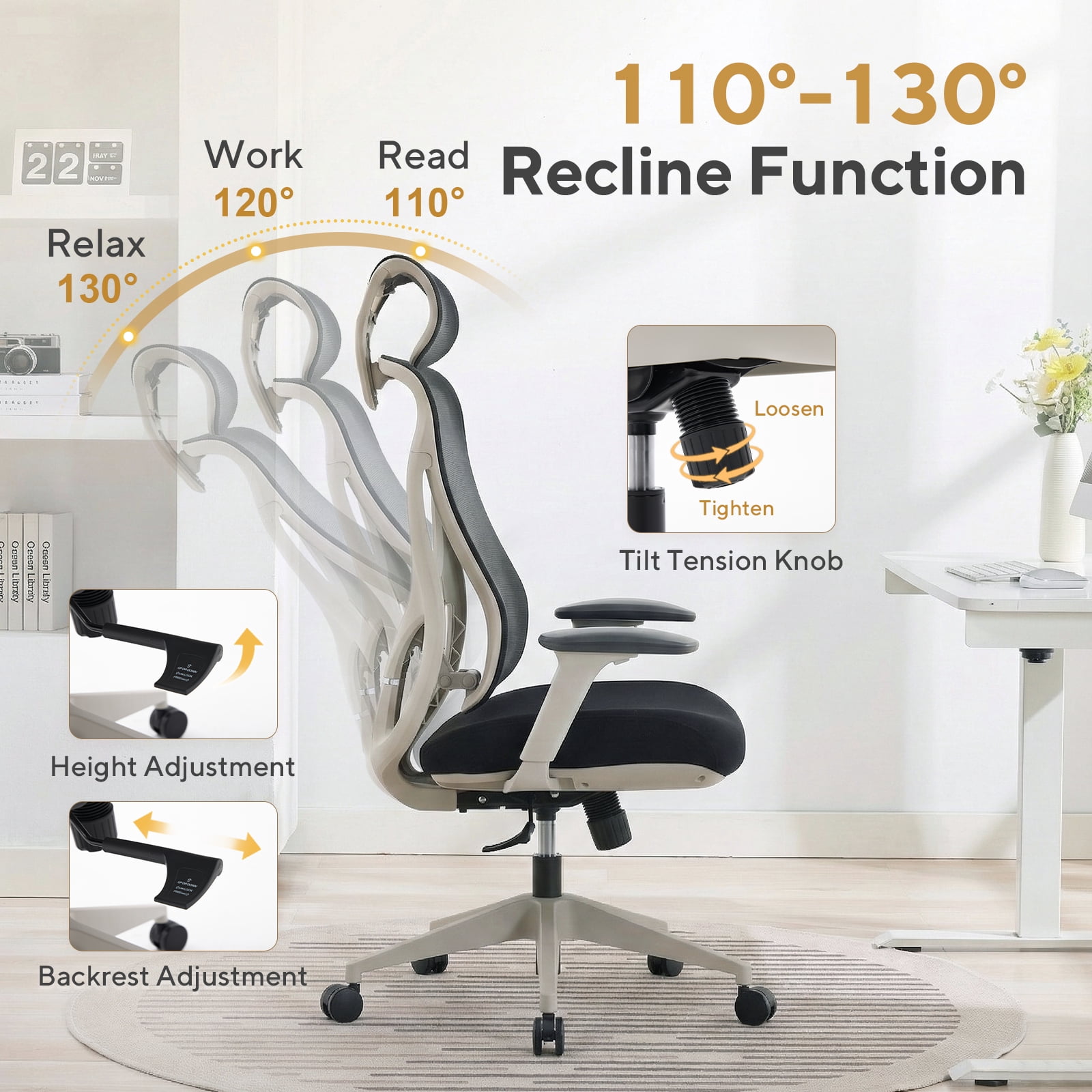 Nouhaus Apertura Ergonomic High Back Office Chair, Mesh Desk Chair with 3D Armrests and Dynamic Lumbar Support, Gray