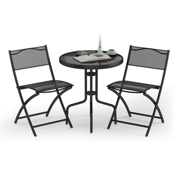 Giantex 3 Pcs Bistro Set Garden Backyard Round Table Folding Chairs, with Rust-Proof Steel Frames & Reinforced Glass Design Outdoor Patio Furniture, Black