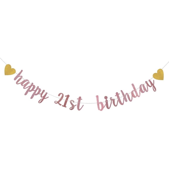 Rose Gold Glitter Paper Banner,Pre-Strung,21st Birthday Party Decorations Bunting Sign Backdrops,Happy 21st Birthday