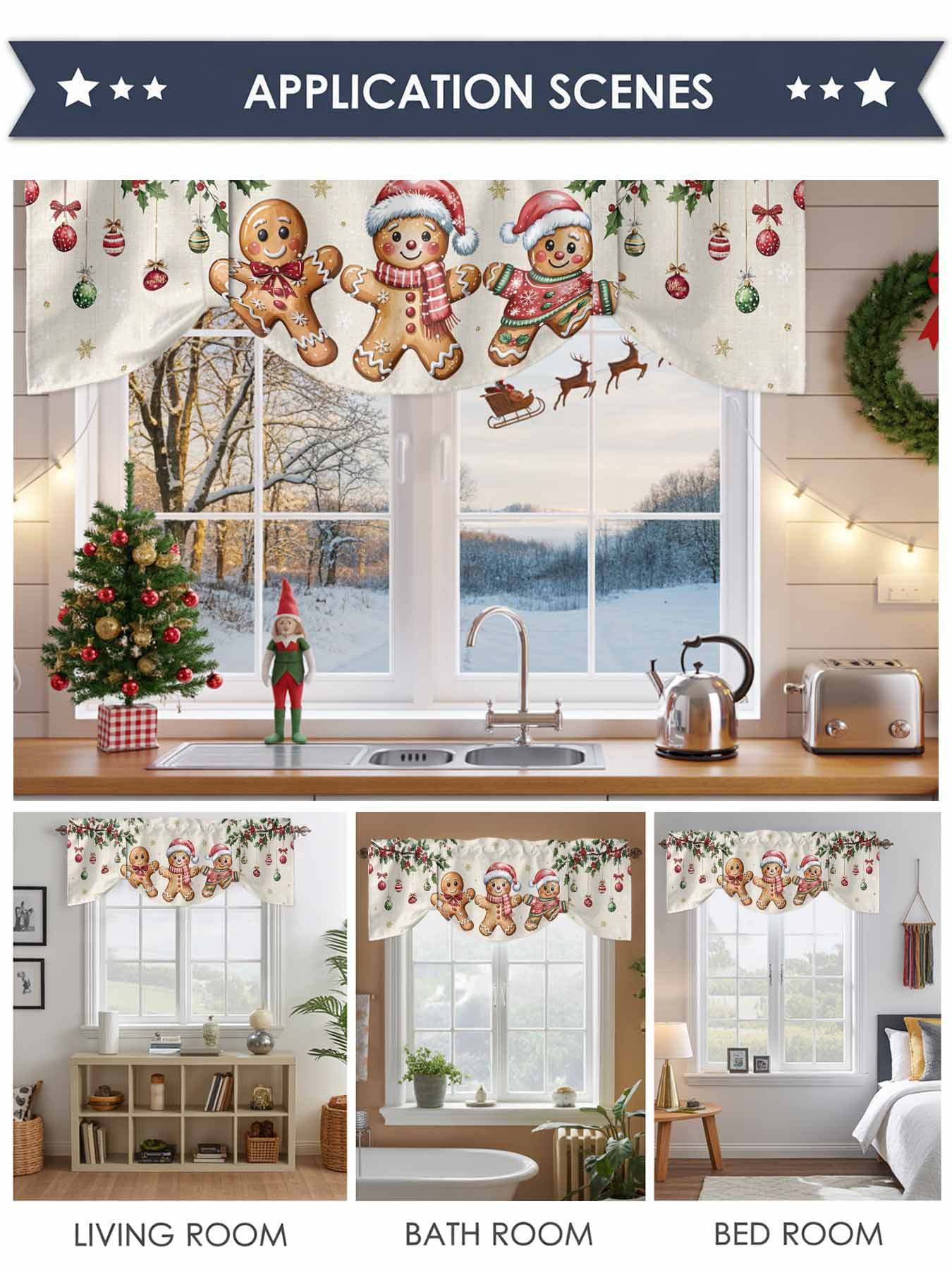 Christmas Gingerbread Man Tie Up Valances Curtain, Xmas Holly Berry Linen Texture Adjustable Rod Pocket Short Window Treatment Tie Up Curtains Valances for Kitchen Living Room Bathroom 54x18 In
