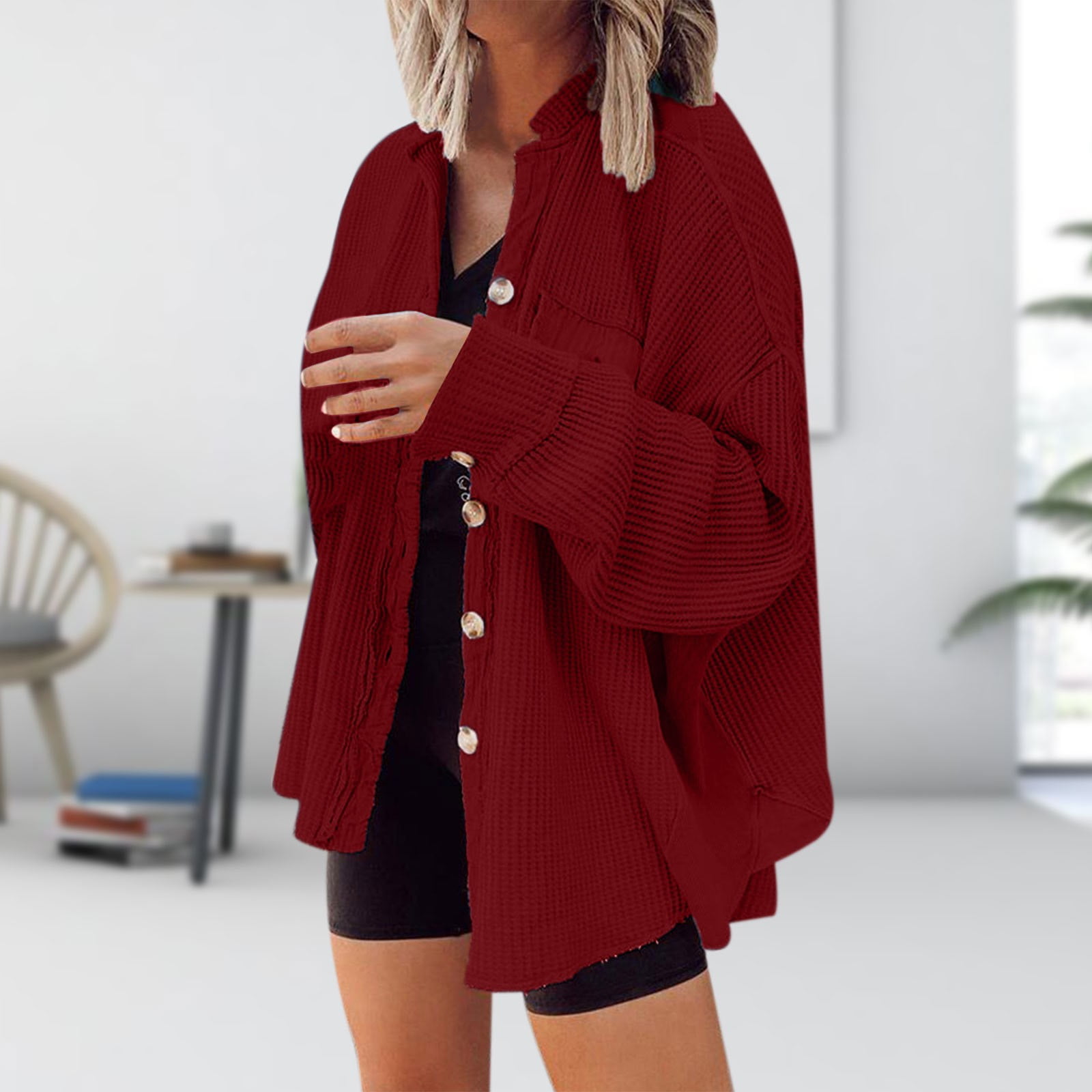 qolati Women's Waffle Knit Shacket Boyfriend Shirt Jacket Trendy Long