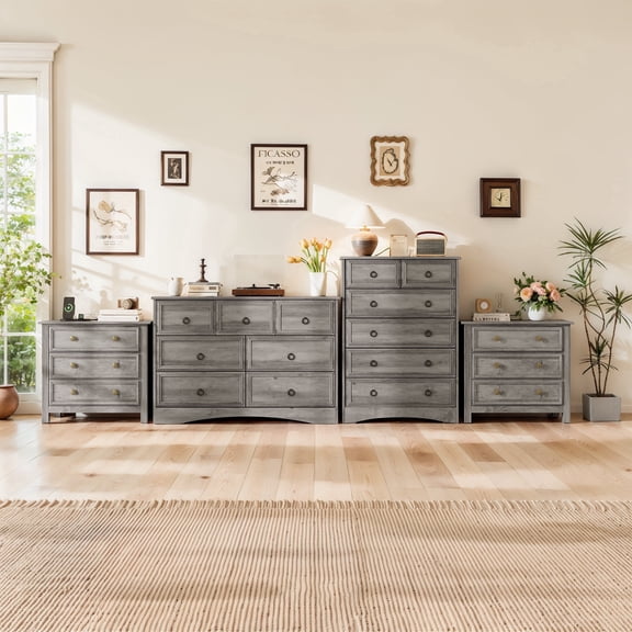 Holliwill Dresser Nightstands Set, 4 Pieces Bedroom Furniture Set, Wide 7 Drawer Dresser, Tall 6 Drawer Dresser and 3 Drawer Nightstand with Outlets, Grey