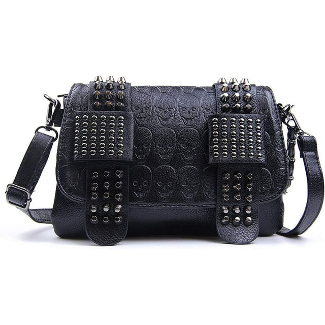 Sac d'Épaule Punk pour Femmes avec Crâne et Rivets, Sac Bandoulière en Cuir PU Gothique avec Chaîne, Portefeuille, Sac à Main pour Filles