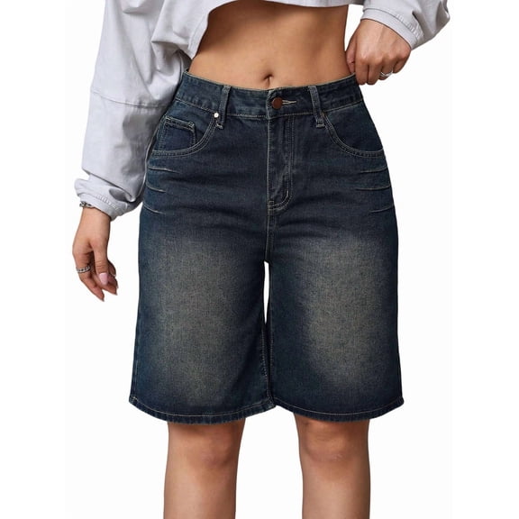 Bermuda Jean Shorts for Women High Waisted Denim Shorts Knee Length Cutoff Loose Fit Long Shorts Blue M