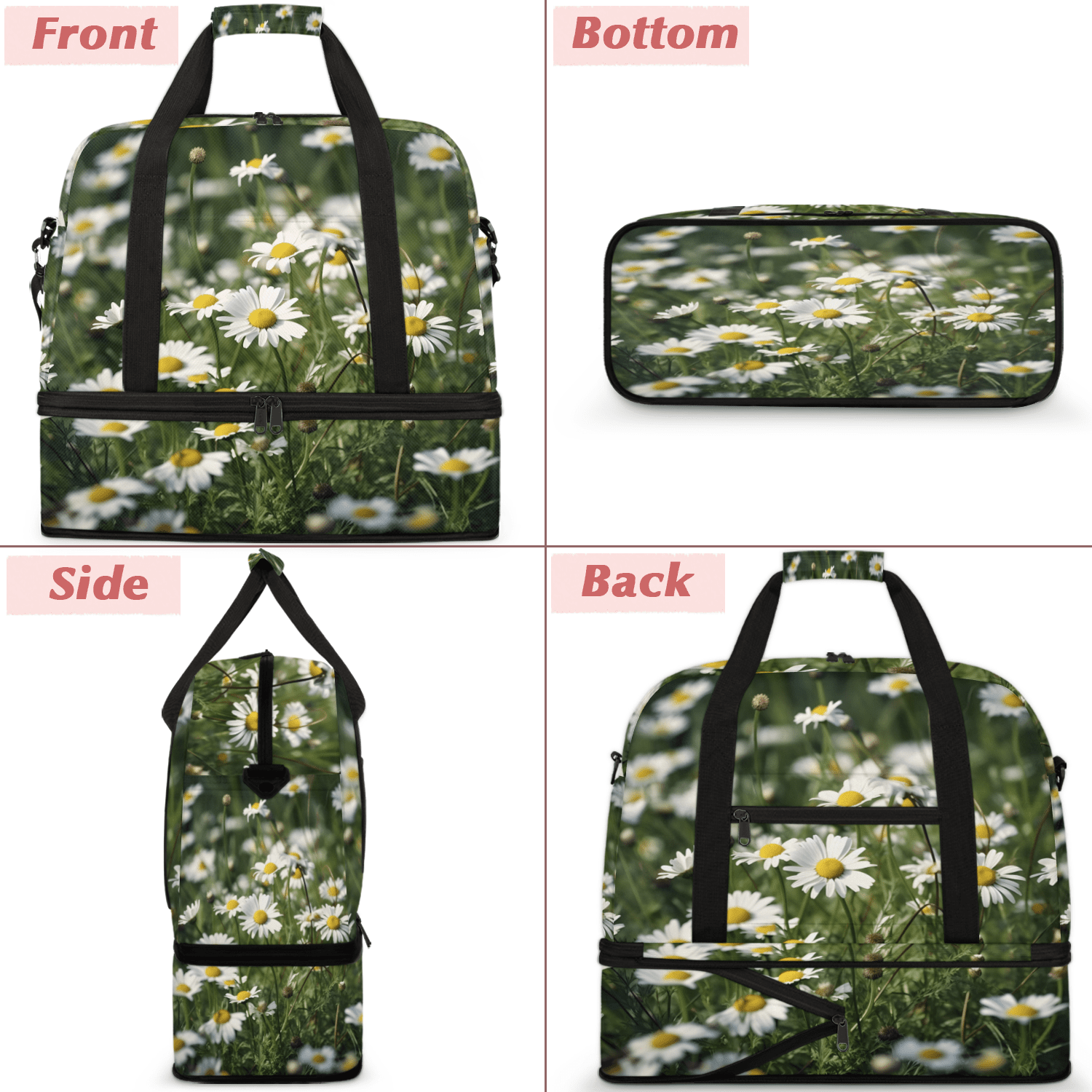 Herdesigns Daisy Foldable Travel Duffle Bag for Women and Men Lightweight Carry On Overnight Bag Floral Gym Luggage Weekender Bags with Shoe Compartment