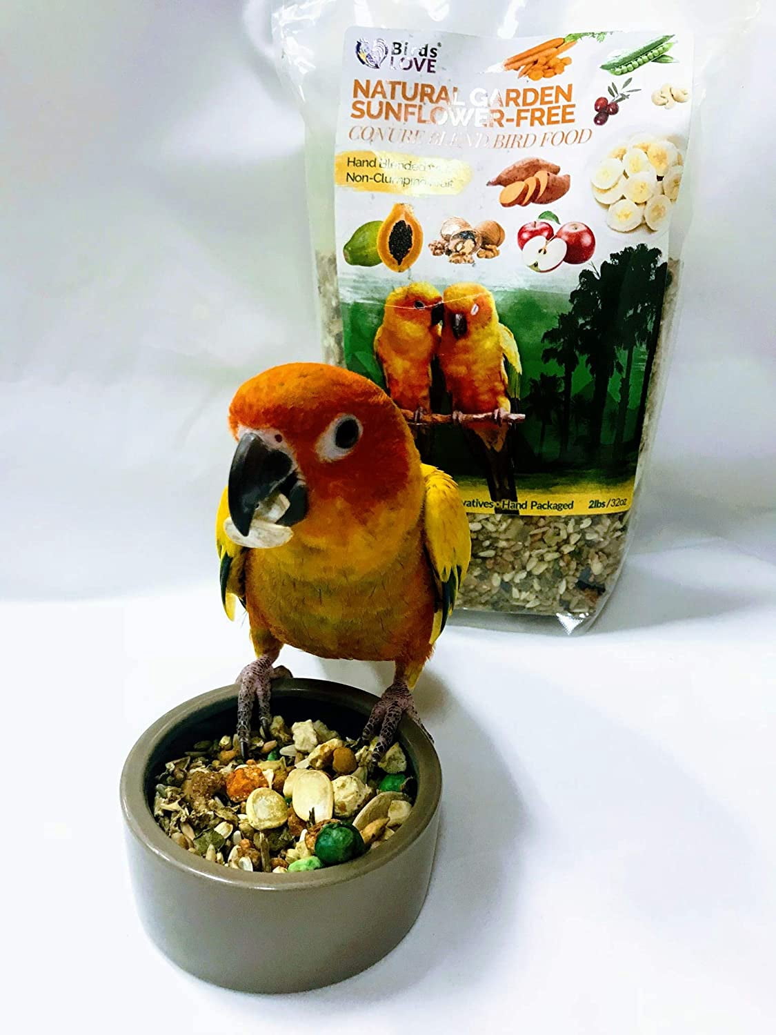 Birds LOVE Natural Garden Sunflower-Free Conure Bird Food, Fruit, Nut, Vegetable & Seed Blend for Conures and Similar Parrots, Resealable Bag, 2 lb