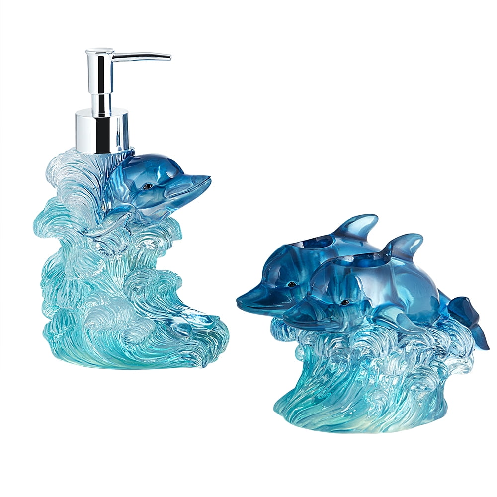 Jump for Joy Dolphin Resin Lotion Pump and Toothbrush Holder 2-Piece Set by Allure Home Creation