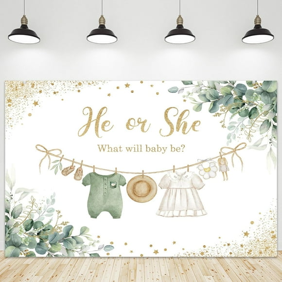 shiyou-Sage Green Gender Reveal Backdrop Polyester Fabric He or She What Will Baby Be 5Wx3H Feet Boho Eucalyptus Watercolor Leaves Gold Dots Photography Background Baby Shower Photo Studio Shoot