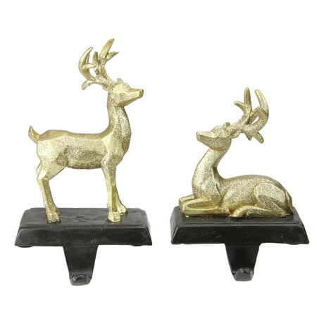 Reindeer Stocking Holder - Set of 2 Gold Reindeer Glittered Christmas Stocking Holders 8.5”