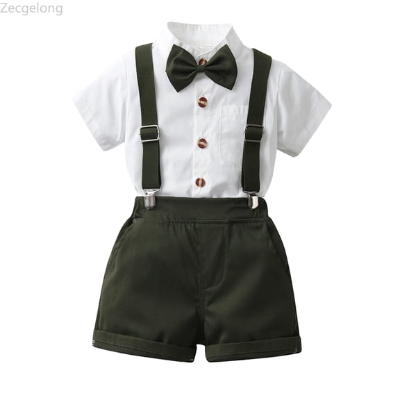 Zecgelong Toddler Boy Outfits Boys Suits Gentleman Short Sleeve Button Shirts Bowtie Suspender Shorts Formal Clothes Size 18-24 Months
