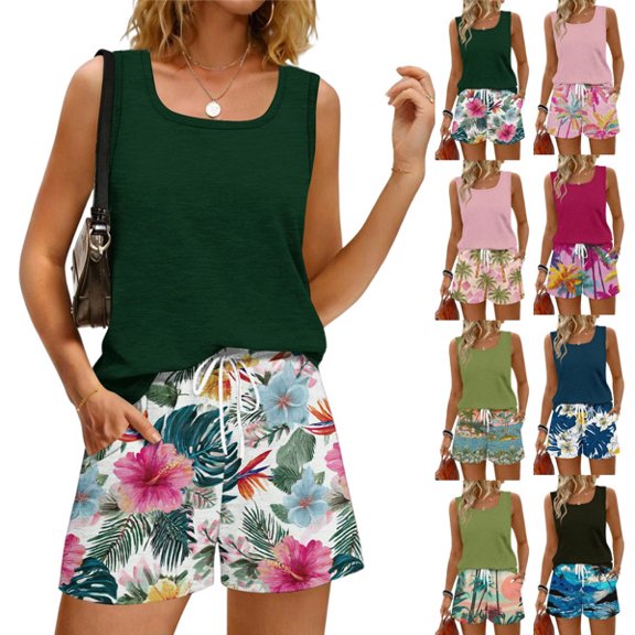 Hawaiian Outfits for Women 2 Piece Sets Sleeveless Scoop Neck Tank Tops and Beach Shorts Set Loungewear 2 Pc Sets Army Green L
