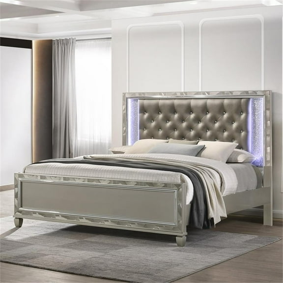 Pemberly Row Contemporary Solid Wood Queen Bed in Platinum Silver