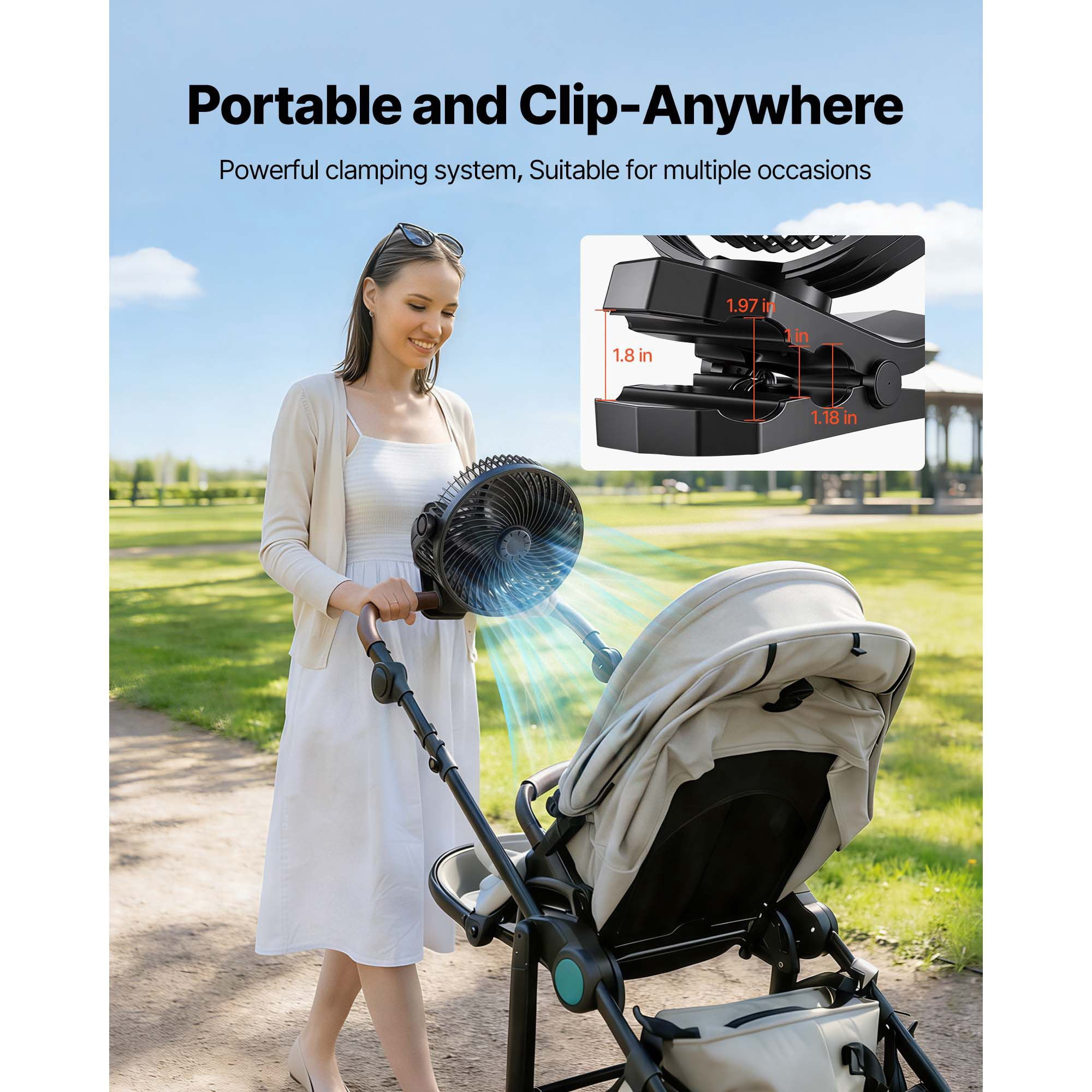 Rechargeable Clip Fan, 139 CFM with 3 Speeds + Circulation Mode, 22 Hours Runtime, Strong Clamp, Type-C Charging, Quiet Operation for Desk, Treadmill, and Travel