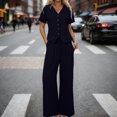 thumbnail image 2 of IWRICH Women's Linen 2 Piece Outfits Summer Short Sleeve V Neck Shirts Dressy Casual Sets Wide Leg Pant Suits Black S, 2 of 7