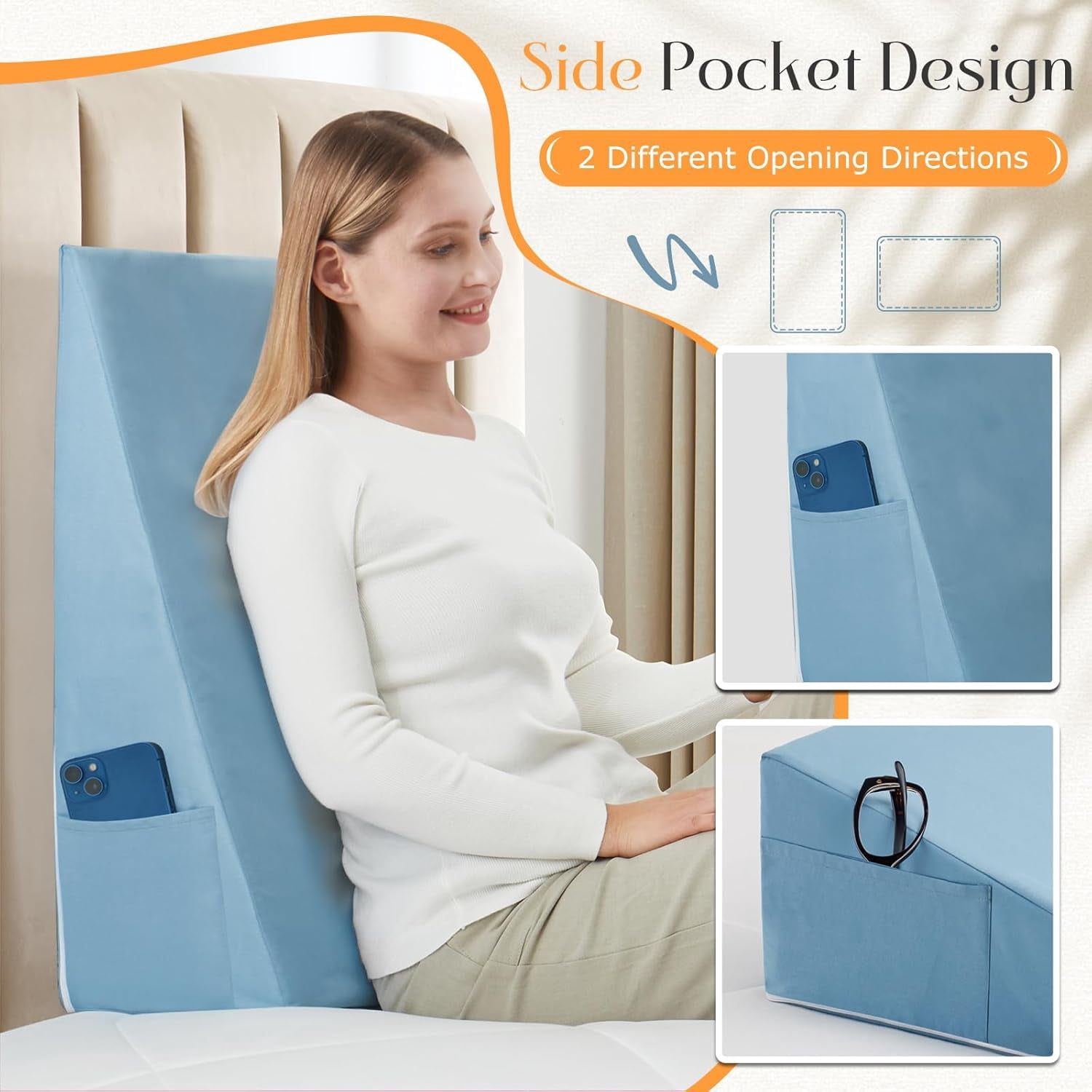 Blue Bed Wedge Pillow Cover with Zipper Design, Wedge Pillowcase Protector with Side Pocket for Storage, 24" L x 24" W x 12" H(Pillow Not Include)