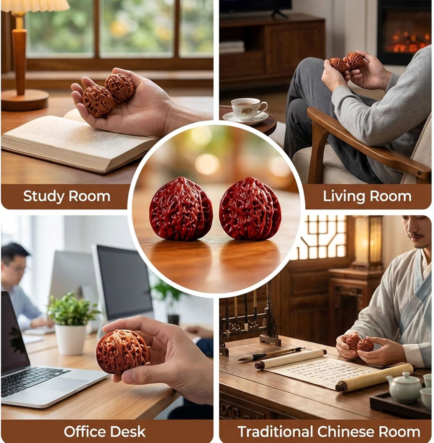 Natural Chinese Wenwan Walnuts - 1.8 Inch Hand Massage Fidget Balls for Stress Relief Relaxation, Smooth Polished Surface, Durable Wear-Resistant Shell Develops Patina, Gift for Adults Seniors