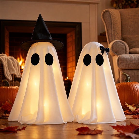 Halloween Lighted Ghost Decorations - 2 Pcs Spooky Plastic Light up Cute Ghost Couple with Witch Hat and Black Bow, Halloween Indoor Figurines for Mantel, Shelf & Tabletop Home Party Decor, Small