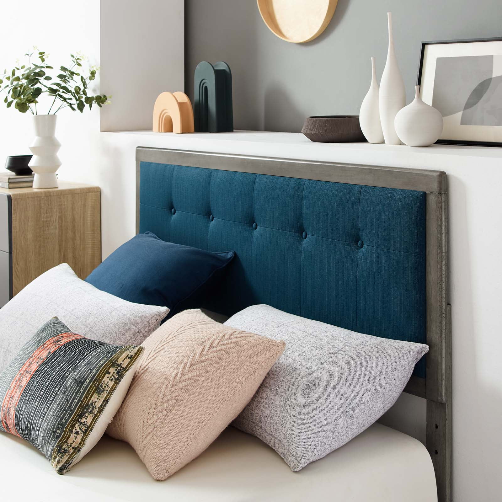 Platform Bed Frame, King Size, Wood, Grey Gray Navy Blue, Modern Contemporary Urban Design, Bedroom Master Guest Suite