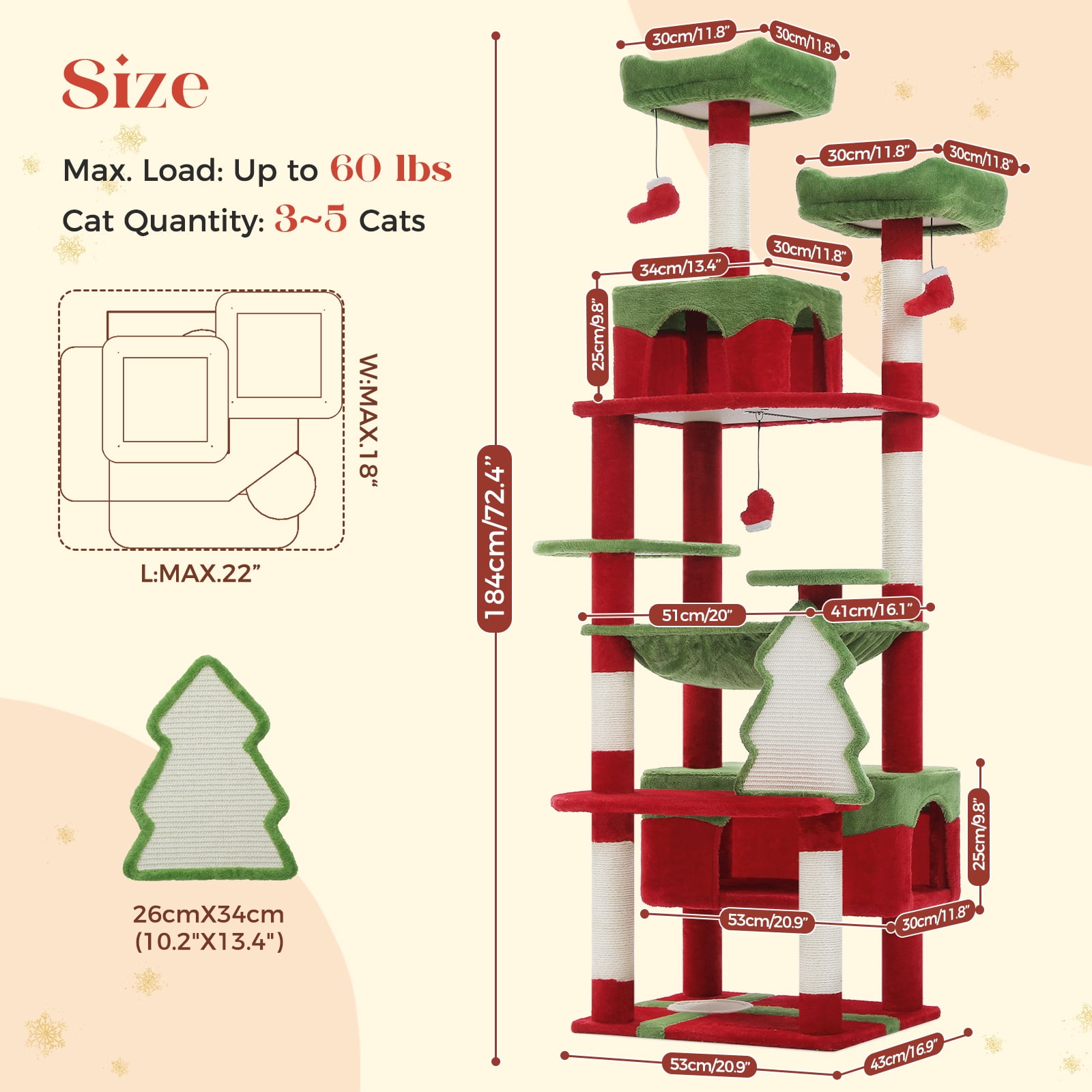 Pefilos 72" Cat Tree Tower for Large Cats, Indoor Cat Condo with Sisal-Covered Scratching Posts and Pads, 2 Padded Perch, Red