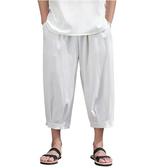 Zkozptok Mens Cotton Linen Shorts 3/4 Length Casual Elastic Waist Shorts Summer Going Out Capri Pants with Pockets