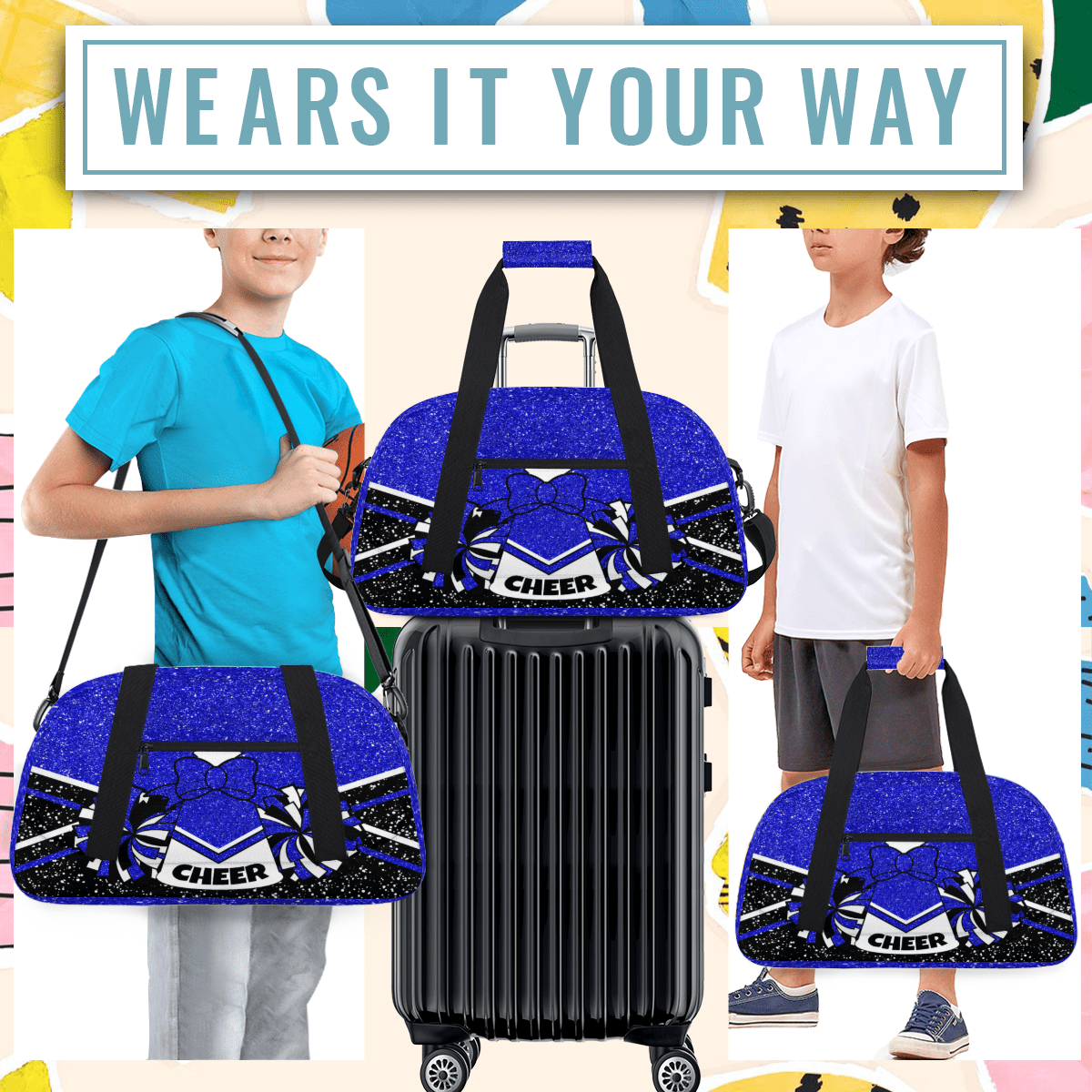 Herdesigns Cheerleading Bags Overnight Duffel Bags Cheer Blue Sport Gym Bag Travel Bag Travel Waterproof Weekender Bag Carry On Travel Tote Bag Dance Bags