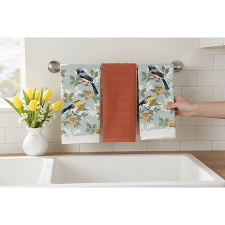 Serafina Home Blue Bird And Floral Kitchen Towel Two Decorative Bird Towels And One Solid Coral Towel