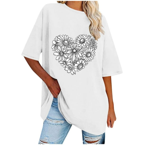 Camisetas de Manga Corta para las Mujeres Impreso Cuello Redondo Suelto Camiseta, Casual Cuatro Estaciones Blusa para el Hogar