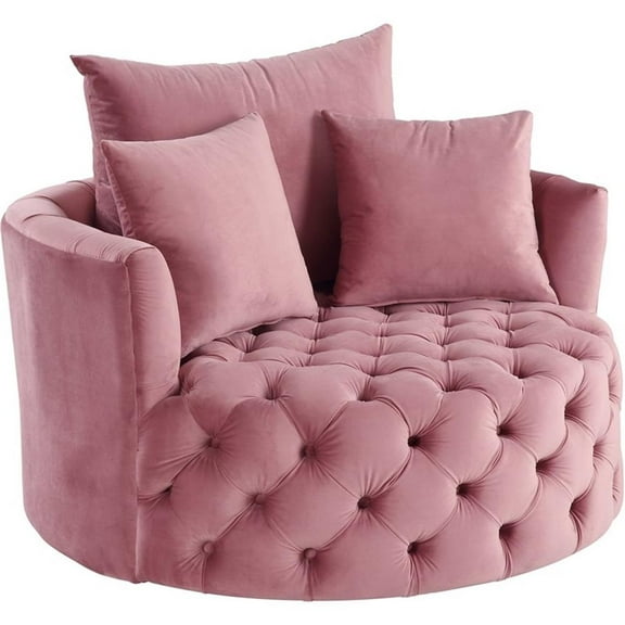 Bowery Hill Contemporary Velvet Swivel Accent Chair with 3 Pillows in Pink