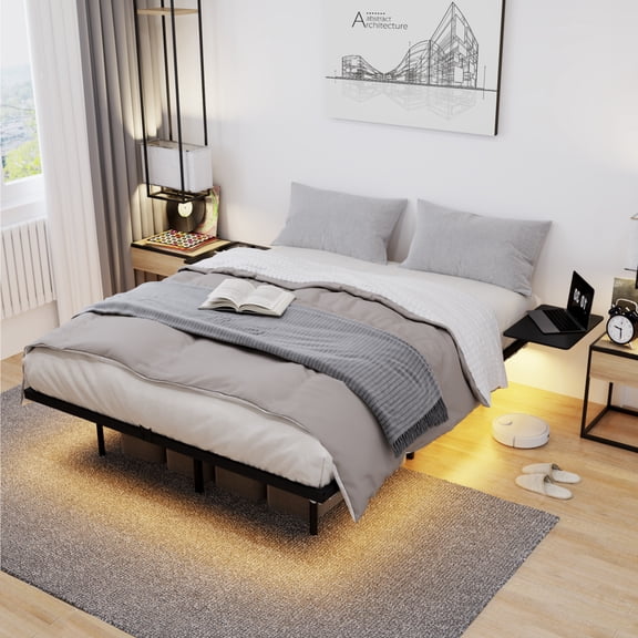 Queen Size Heavy Duty Metal Bed Frame with LED Light No Noise Quick & Easy Assembly Black